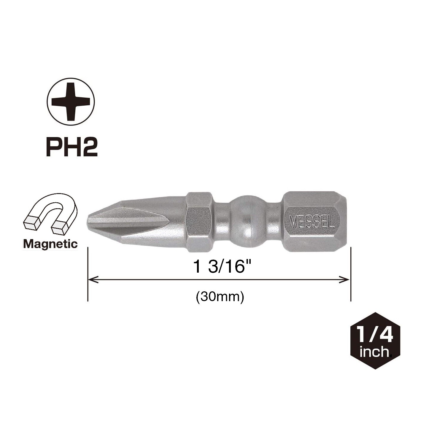 Vessel 15pc 1" Phillips P2 Insert Bits Impact Ready Made in JAPAN IBPH230P15T gallery
