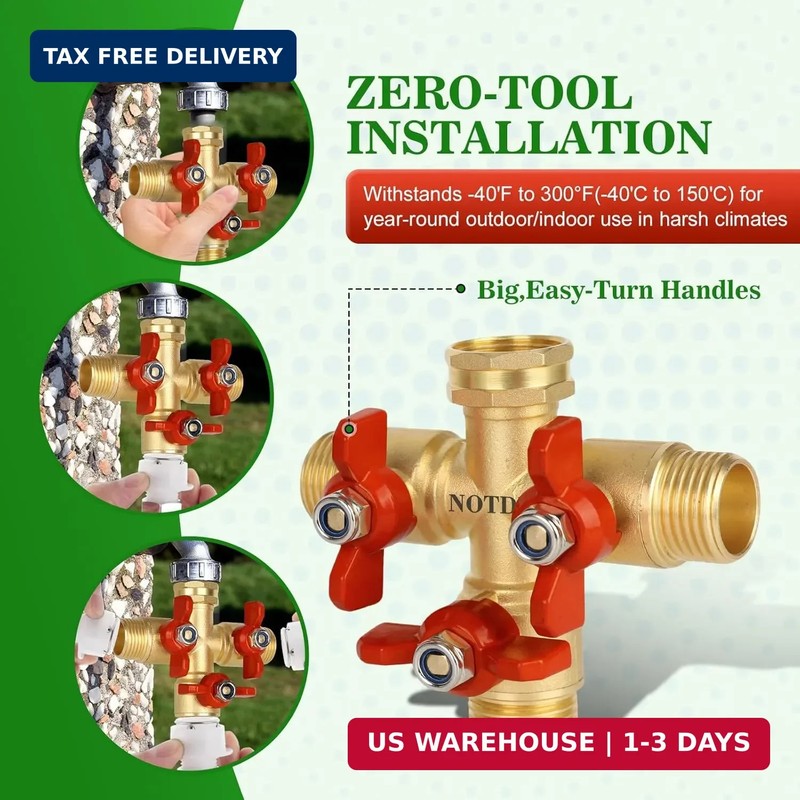 3 Way Hose Splitter, Solid Brass High Volume 3 Way Hose Splitter Valve with Meta gallery