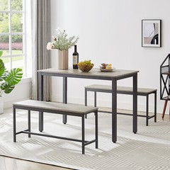 Dining Table Set Bar Table w-2 Dining Benches Table & Chairs Grey for 4 people