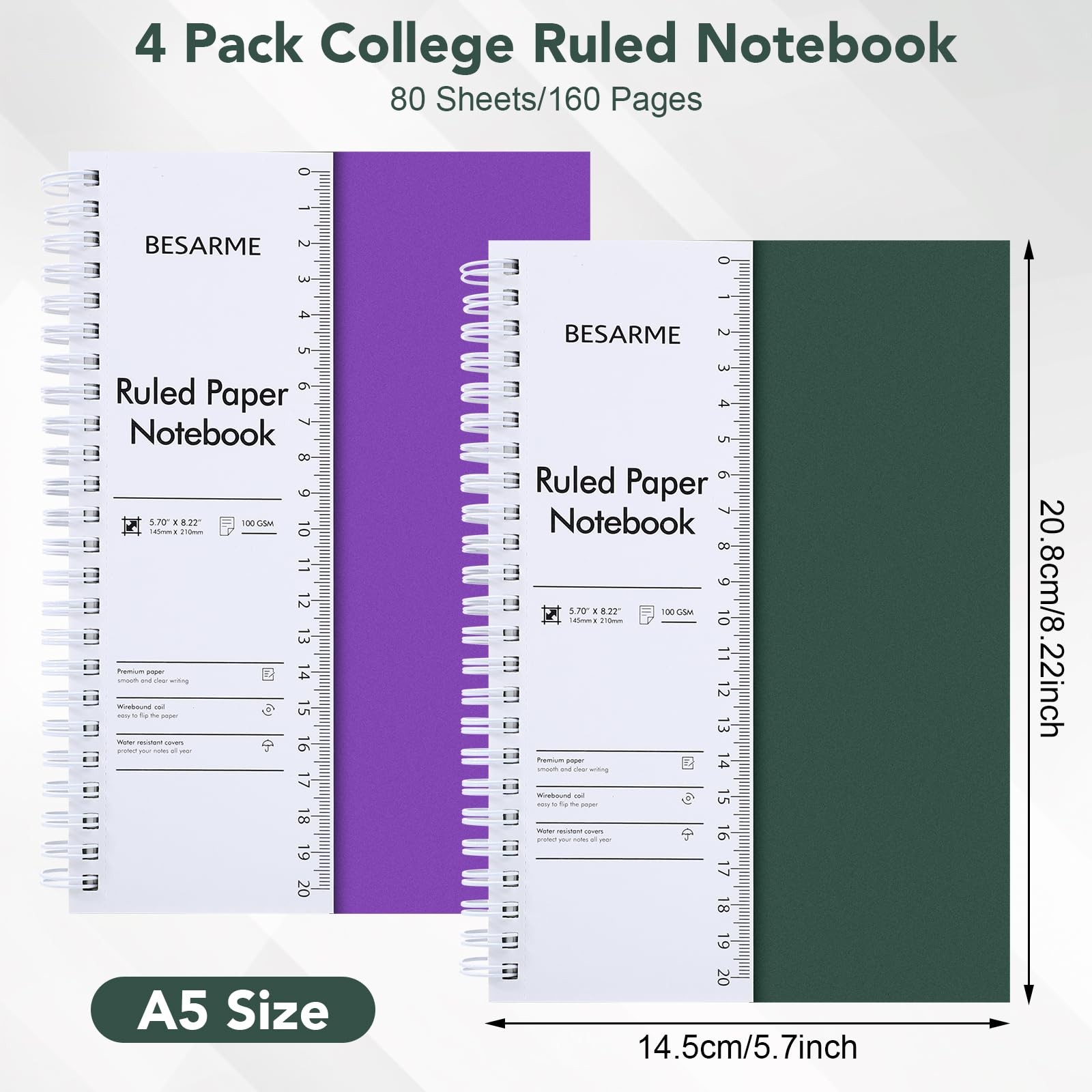 BESARME 4 Pack College Ruled Black, dark purple, green, brown-red gallery