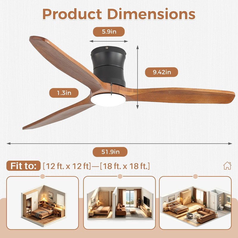 Low Profile Ceiling Fan with Light & Remote Control & 3 Wood Blade 3CCT Dimmable gallery