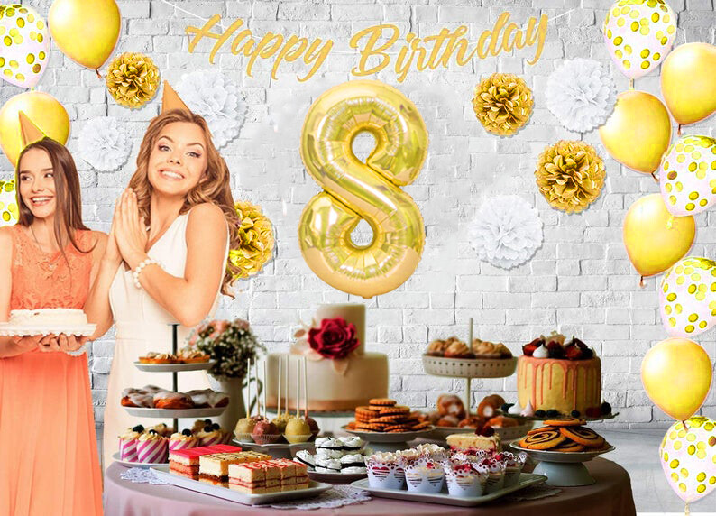 Gold & White 8th Birthday Decorations - 40" Number Balloons & More - Boy or Girl gallery