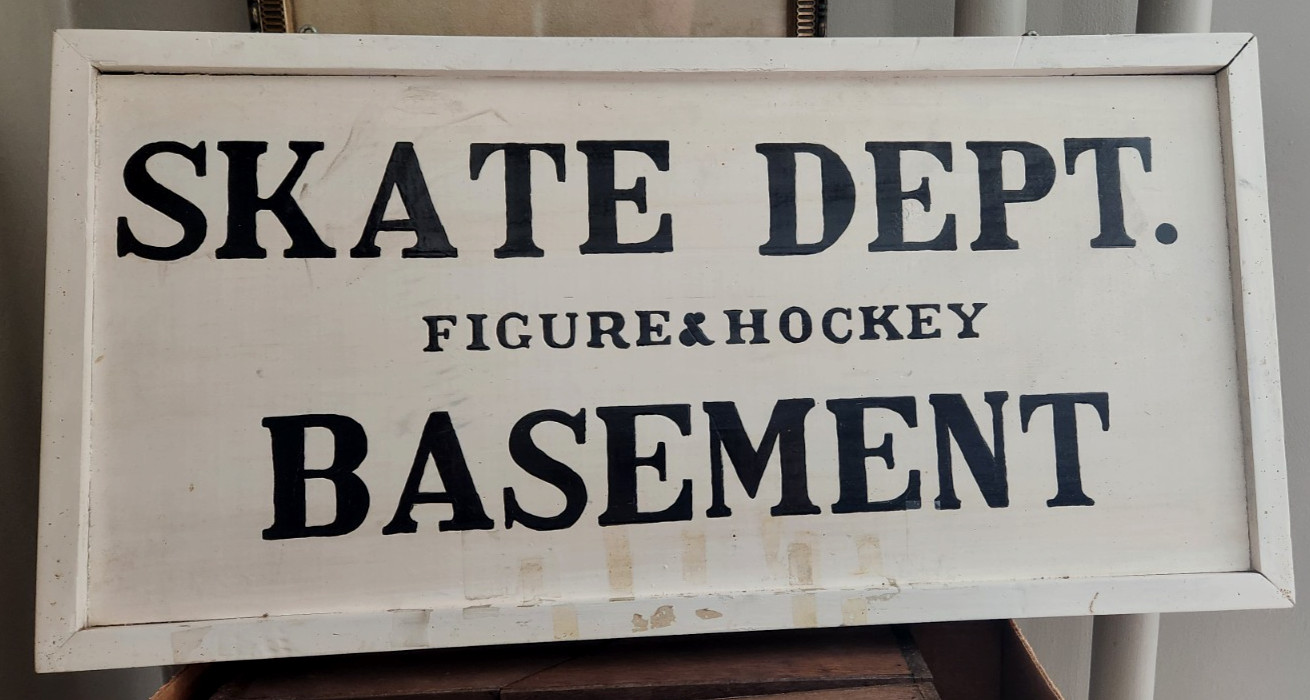OLD Hand Painted Sporting Goods Store Sign SKATE DEPT. HOCKEY Double Sided WOOD gallery