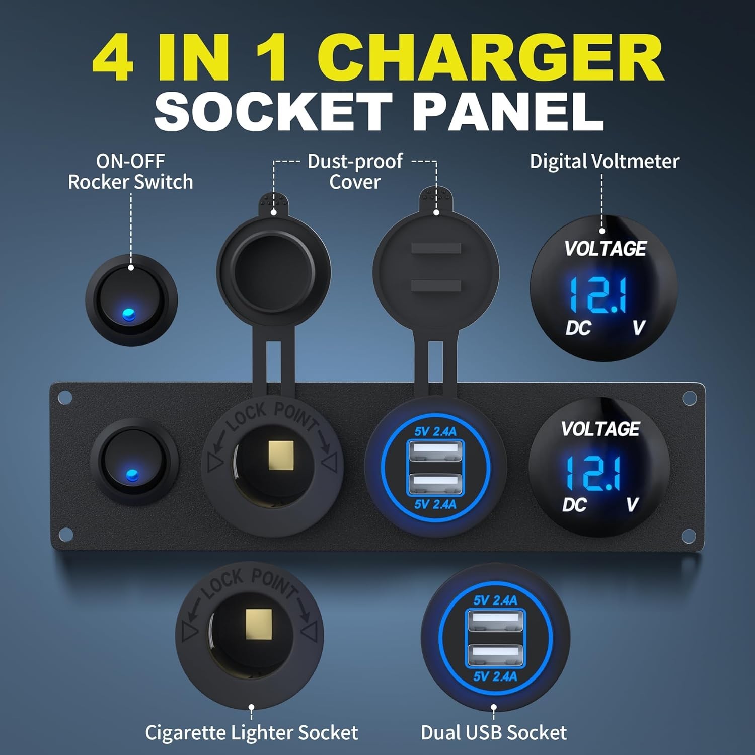 4 in 1 Charger Outlet Socket Panel 12V DC 4.8A Dual USB Power & BLUE gallery