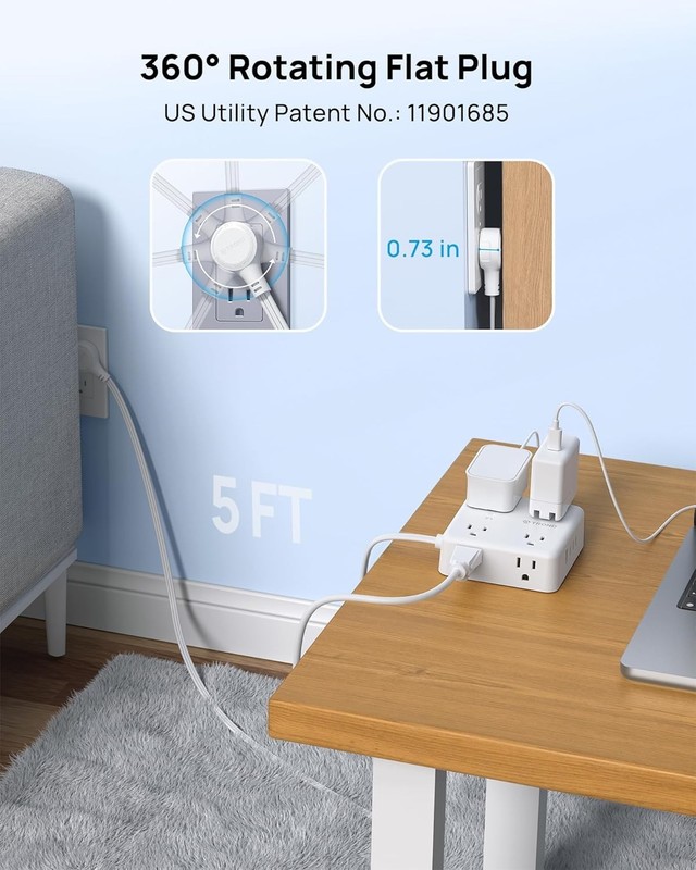TROND 360° Rotating Flat Plug Power Strip, 5FT Extension Cord , White gallery