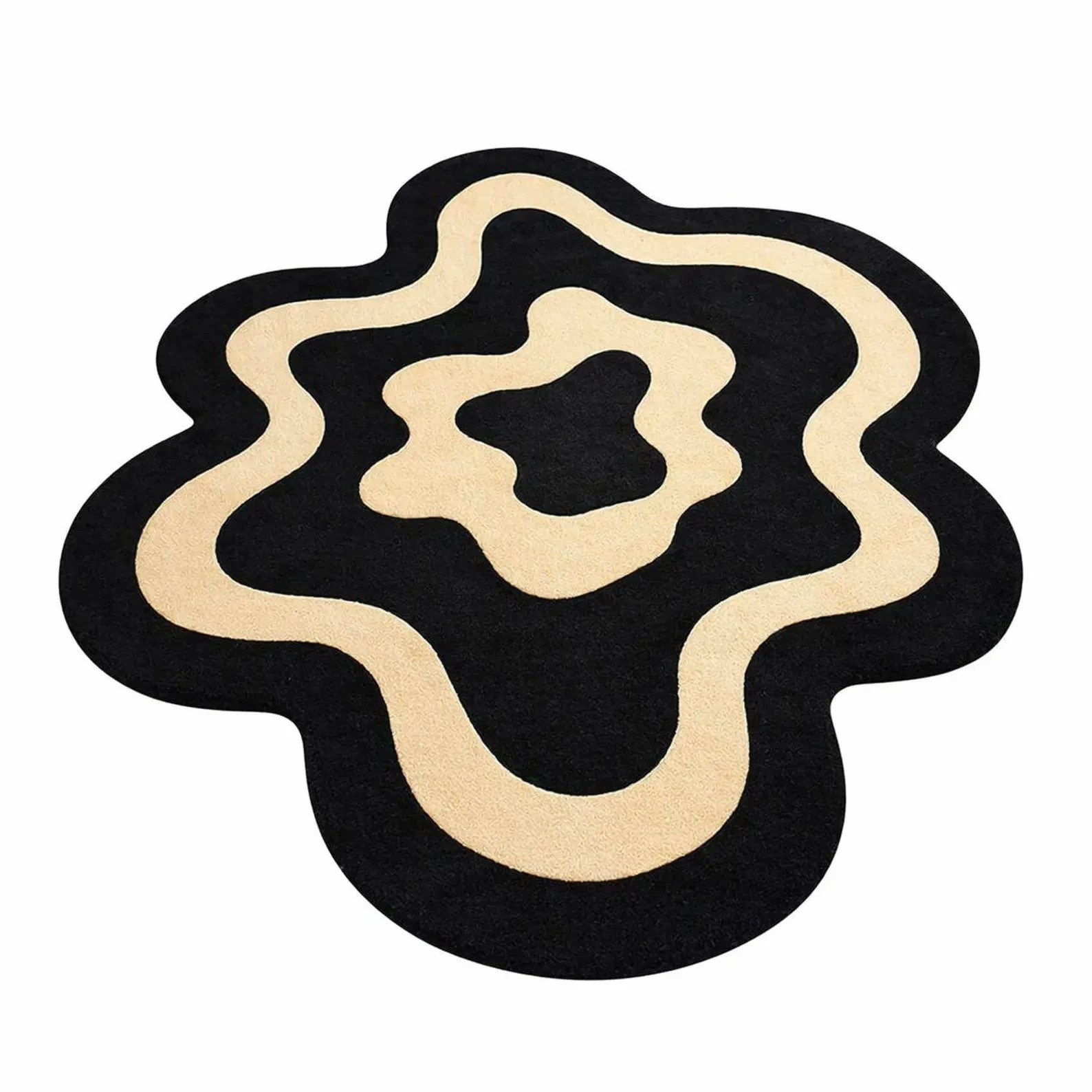 Modern Abstract Wavy Hand Tufted Rug Black & Beige Irregular Shape Carpet Rug gallery