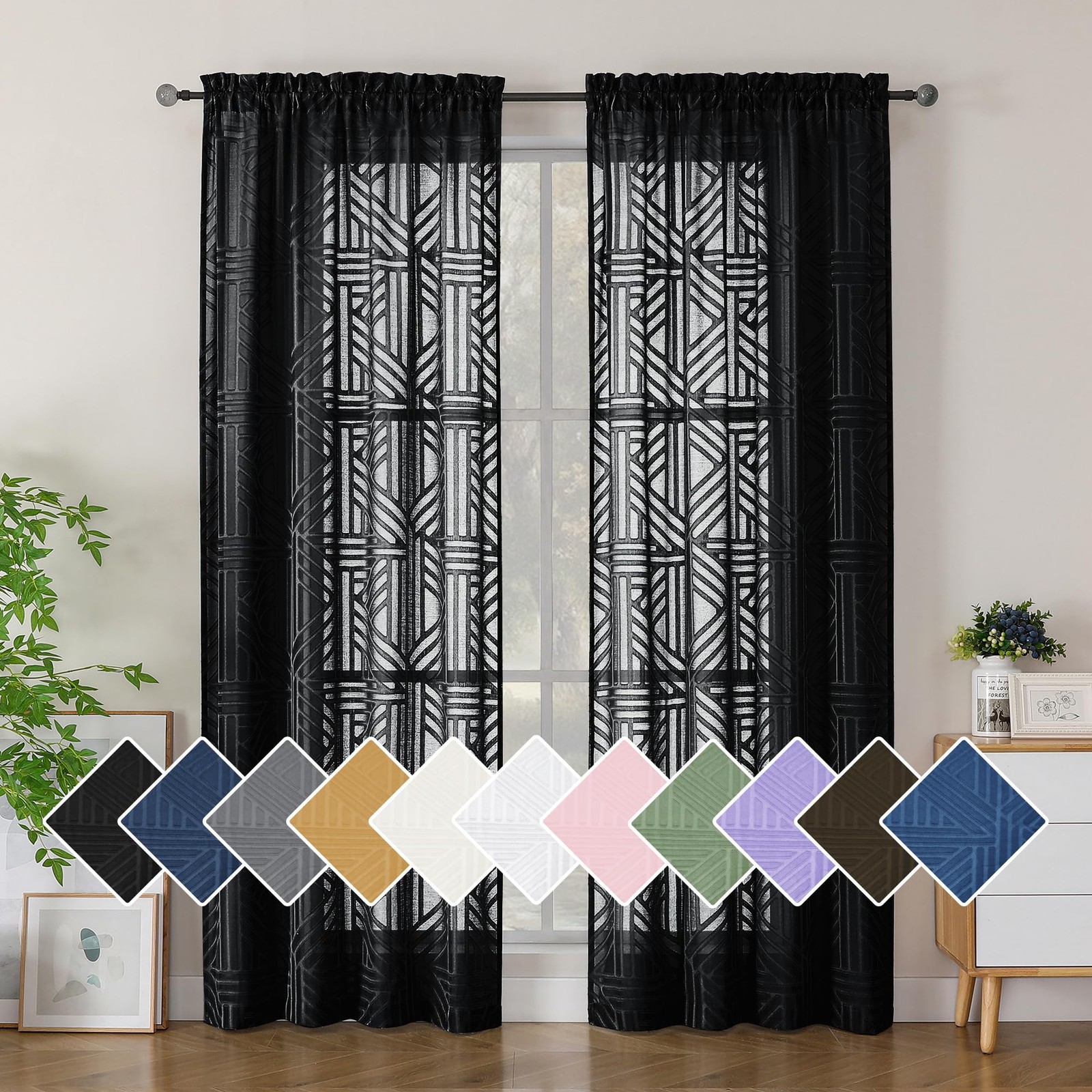 Semi Sheer Window Curtains, 84 Inch, 2 Panels, Jacquard Weave, Black gallery