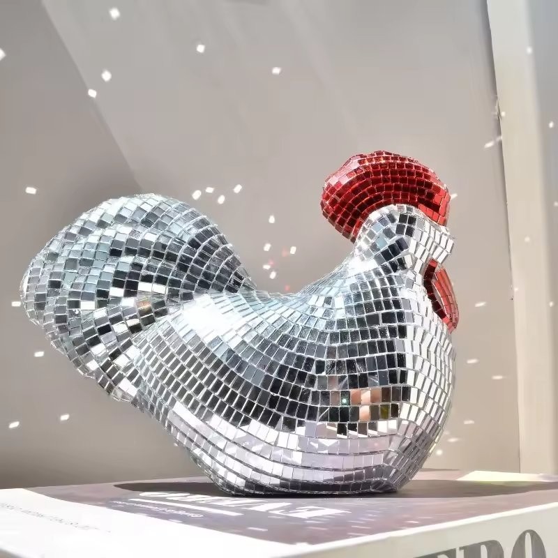 Mirror Disco Ball Rooster Statue Creative Chicken Sculpture Party Home Decor New gallery