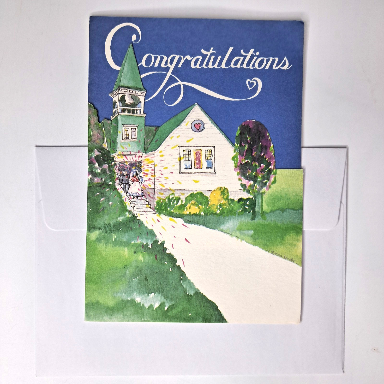 Wedding Congratulations Folded Card Envelope Windows Church 7 x 5 In Blue Green gallery