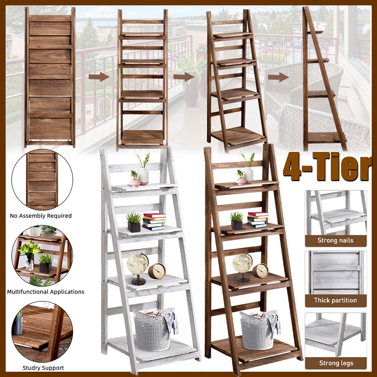 Ladder Shelf 4 Tier Stand Storage Rack Vintage Bookshelf Bookcase Plant Flower gallery