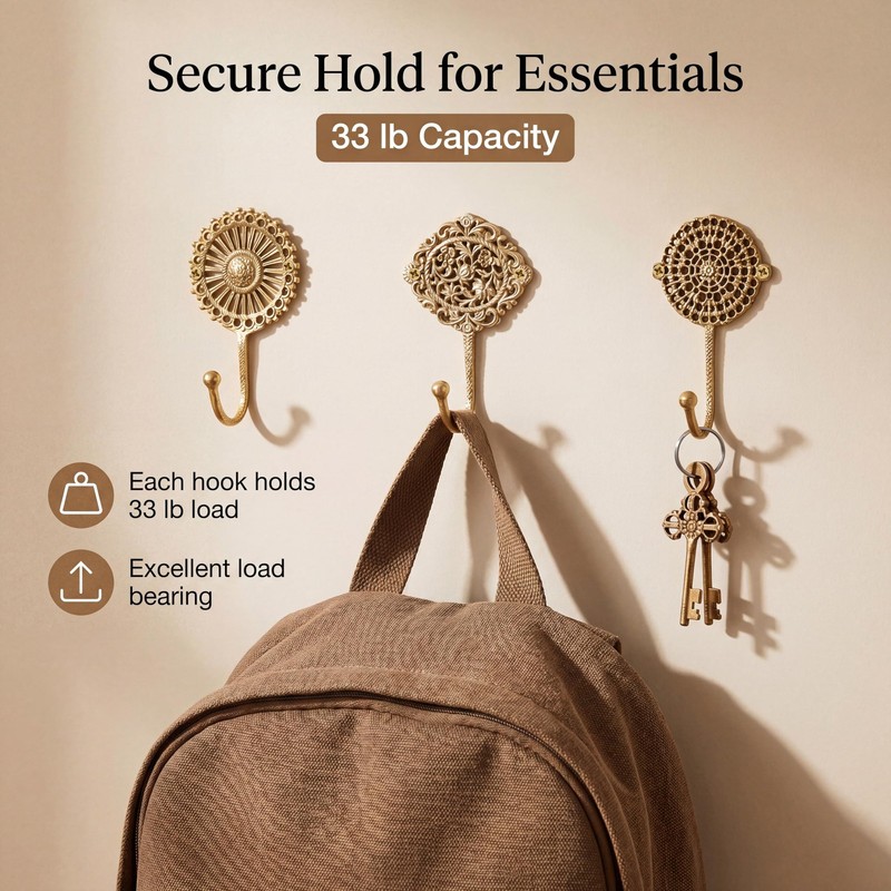 IndianShelf Solid Brass Boho Decorative Wall Hooks - Holds Up to 33 lbs - Vin... gallery