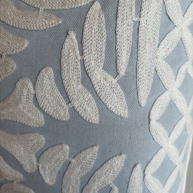 Decorative Throw Pillow Light Blue with White Embroidered Floral Geometric 18” gallery