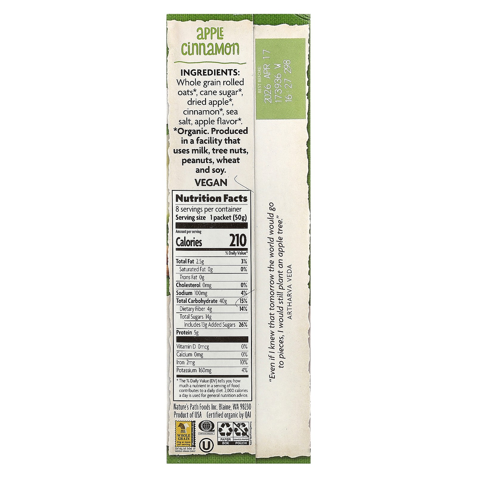 Organic Instant Oatmeal, Apple Cinnamon, 8 Packets, 14 oz (400 g) gallery
