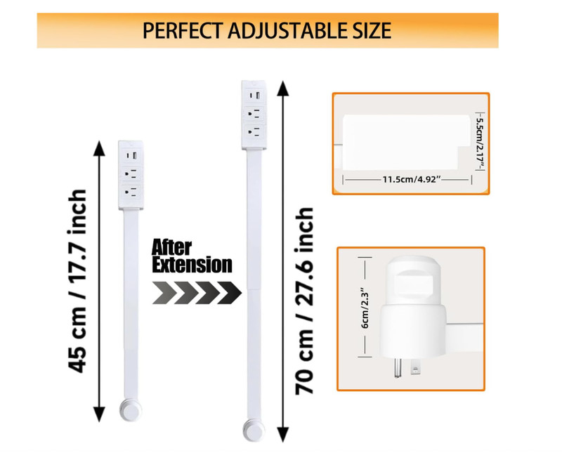 Electrical Outlet Extender Adjustable 17”-27”-2 AC Outlets, USB-A & USB-C Ports gallery