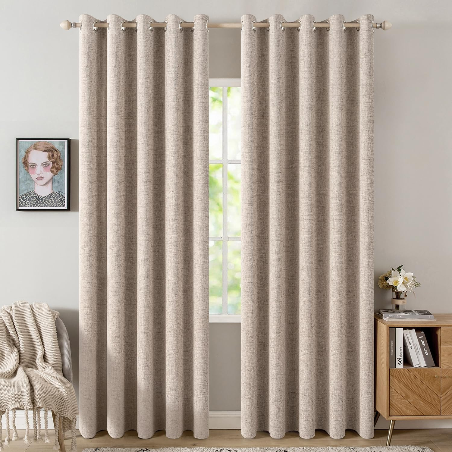 Linen Textured Blackout Curtains 62x96" Natural Beige Grommet 2 Panels gallery