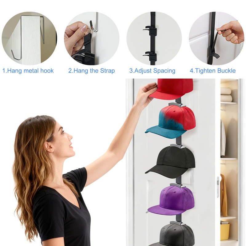 Adjustable 10-Hook Baseball Cap Hat Organizer Rack for Wall Door Hanging Storage gallery