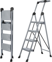 4 Step Ladder, Foldable Step Stool Ladder with Handrails & Tray, 660 Lbs Heavy D