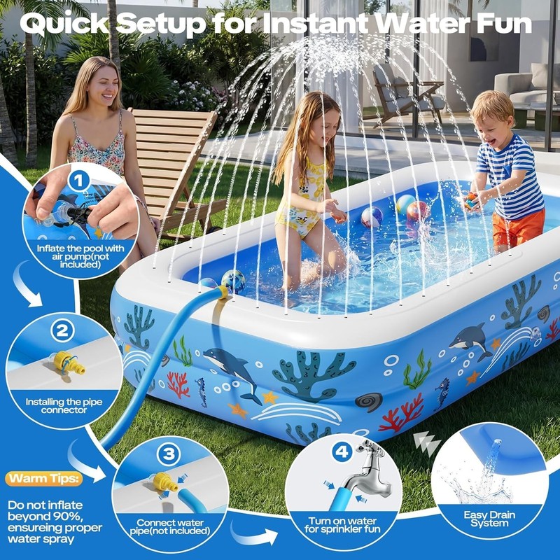 Inflatable Kiddie Pool Sprinkler Splash Pool Soft Bottom Baby Toddler Blue gallery