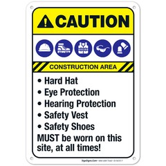 Hard Hat Eye Protection Hearing Protection Safety Vest Sign, ANSI Caution Sign,