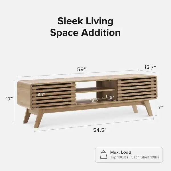 59in Oak Finished TV Stand with Slatted Doors Mid Century Modern gallery