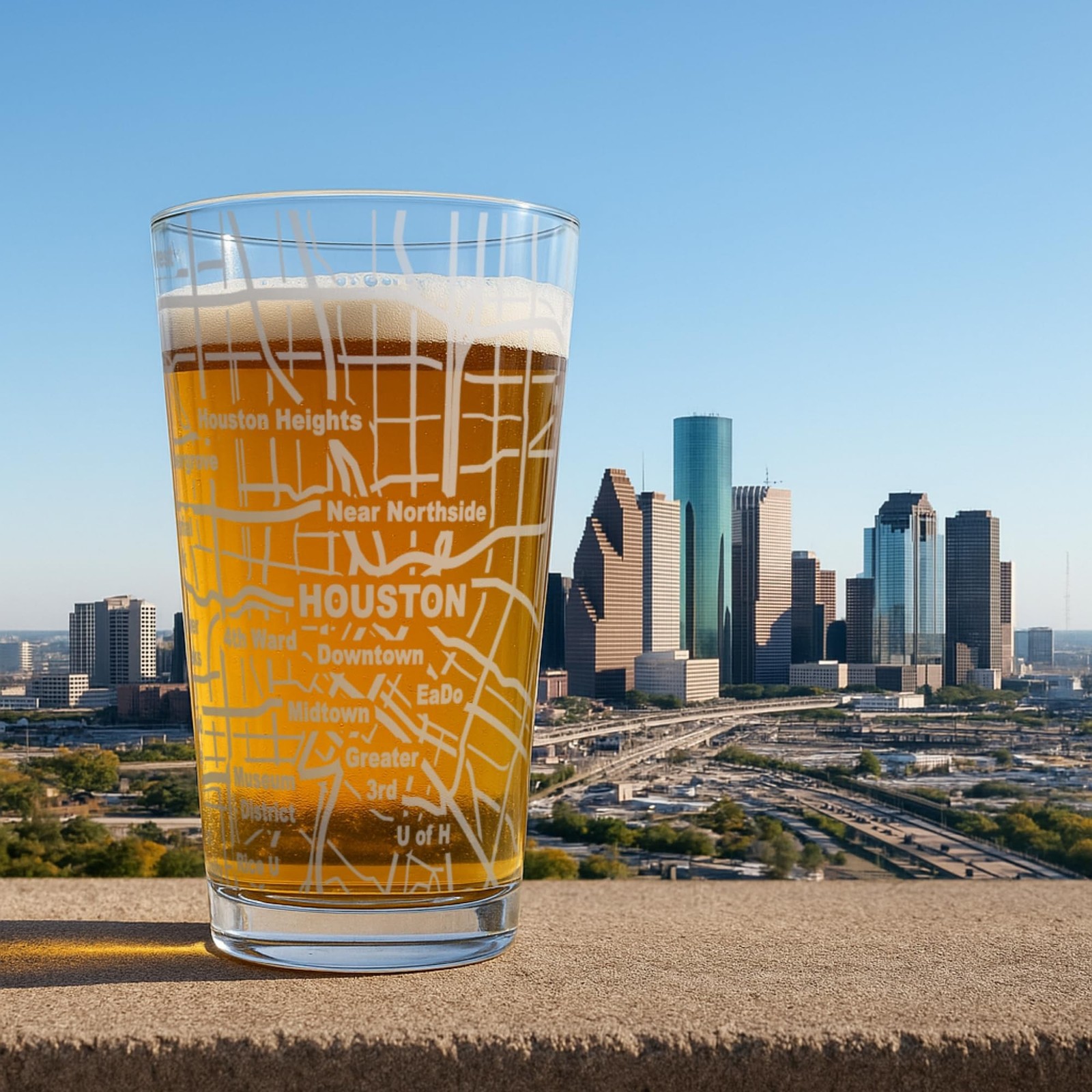 Greenline Goods – Houston, TX Map Pint Beer Glasses (Set of 2), 16 oz R gallery
