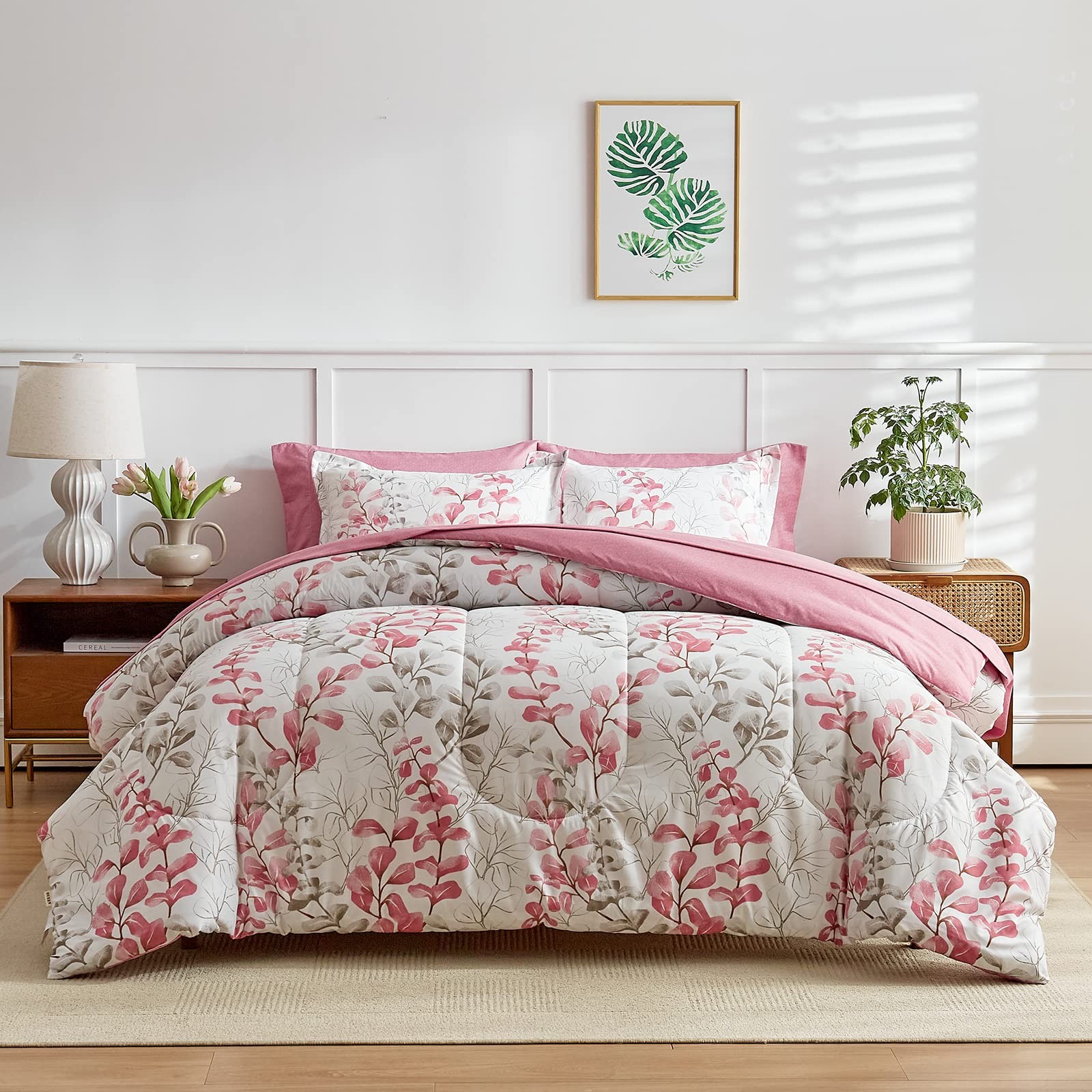 Pink Floral Comforter Sheet Set Bed in a Bag 7 Pieces Queen Size Pink Gray Flowe gallery