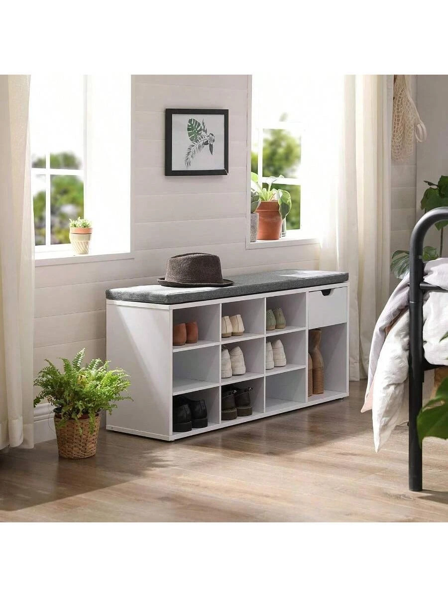 Storage Bench, Entryway Bench With Cushion, Drawer And Open Compartments White gallery