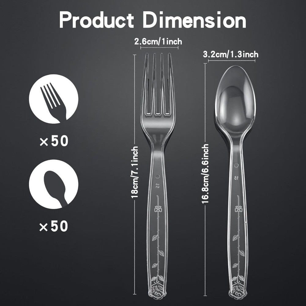 100 Pcs Heavy Duty Disposable Plastic Cutlery Set, 50 Forks & 50 Spoons, gallery