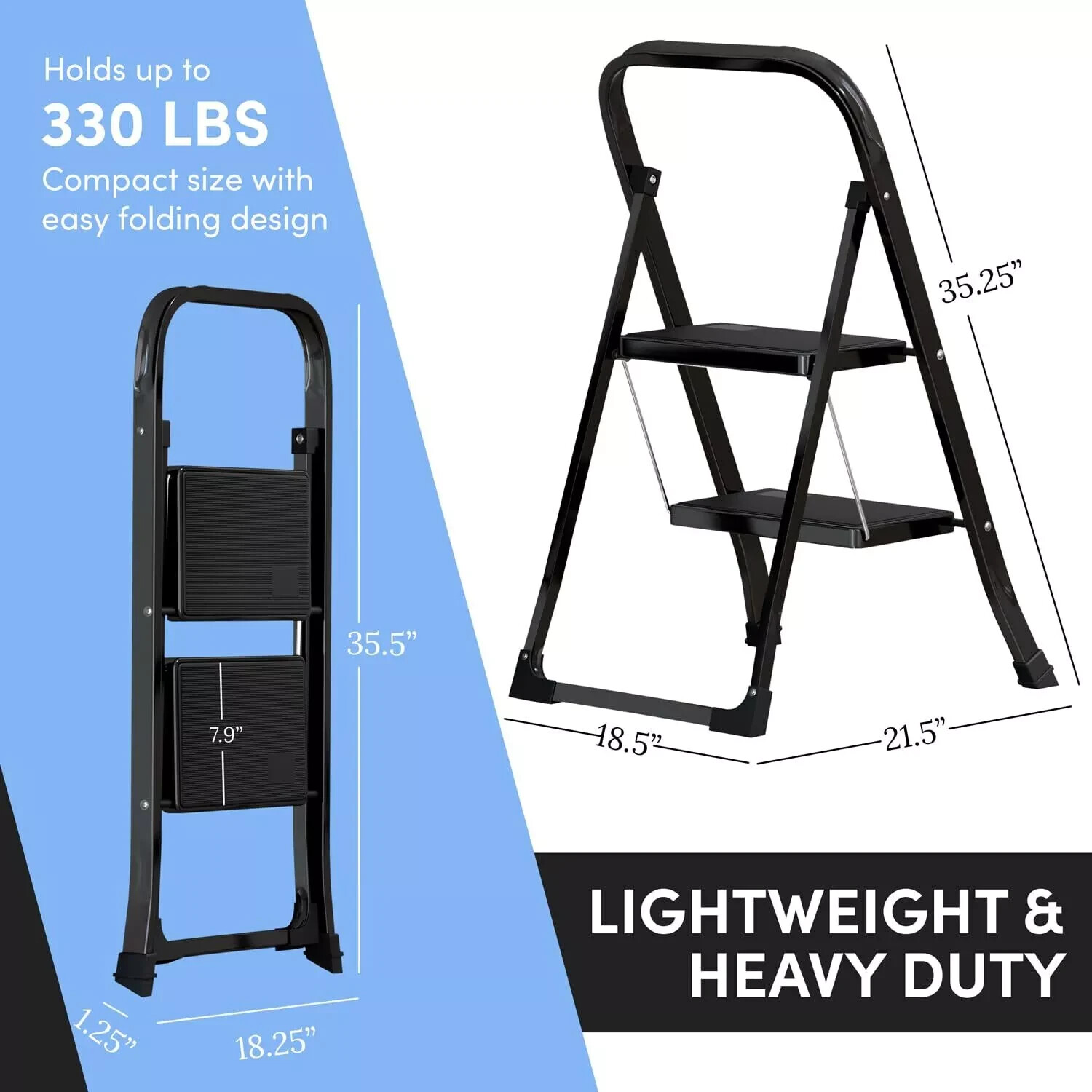 Steel Folding 2-Step Stool Ladder Adults With Soft-Grip Handle 330 Lbs Black gallery