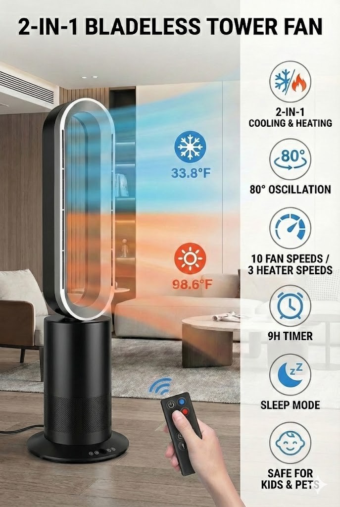 Tower Fan Space Heater 34" Bladeless 2-in-1 80° Oscillating Remote 9H Timer gallery