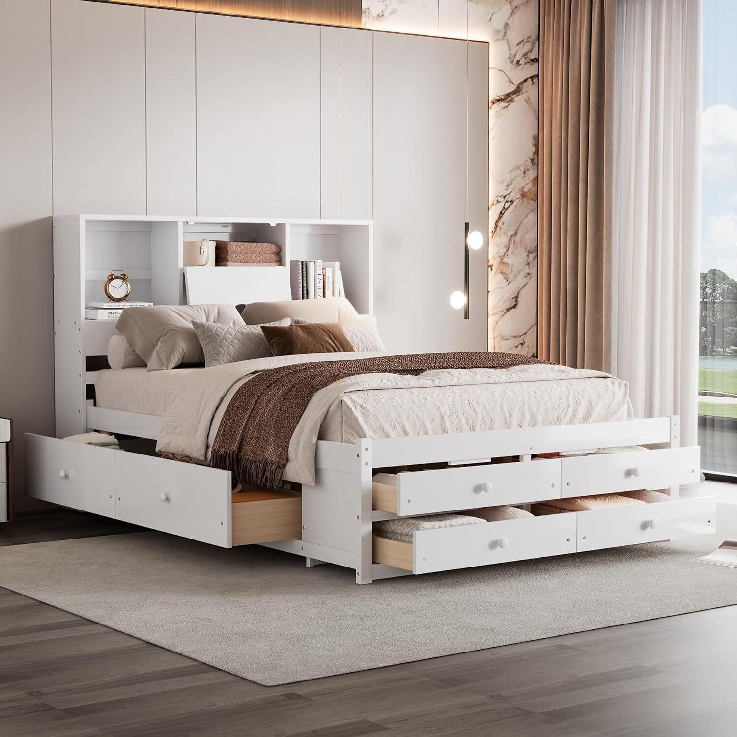 Queen King Size Platform Bed with Storage Drawers Bookcase Headboard Bed Frames gallery