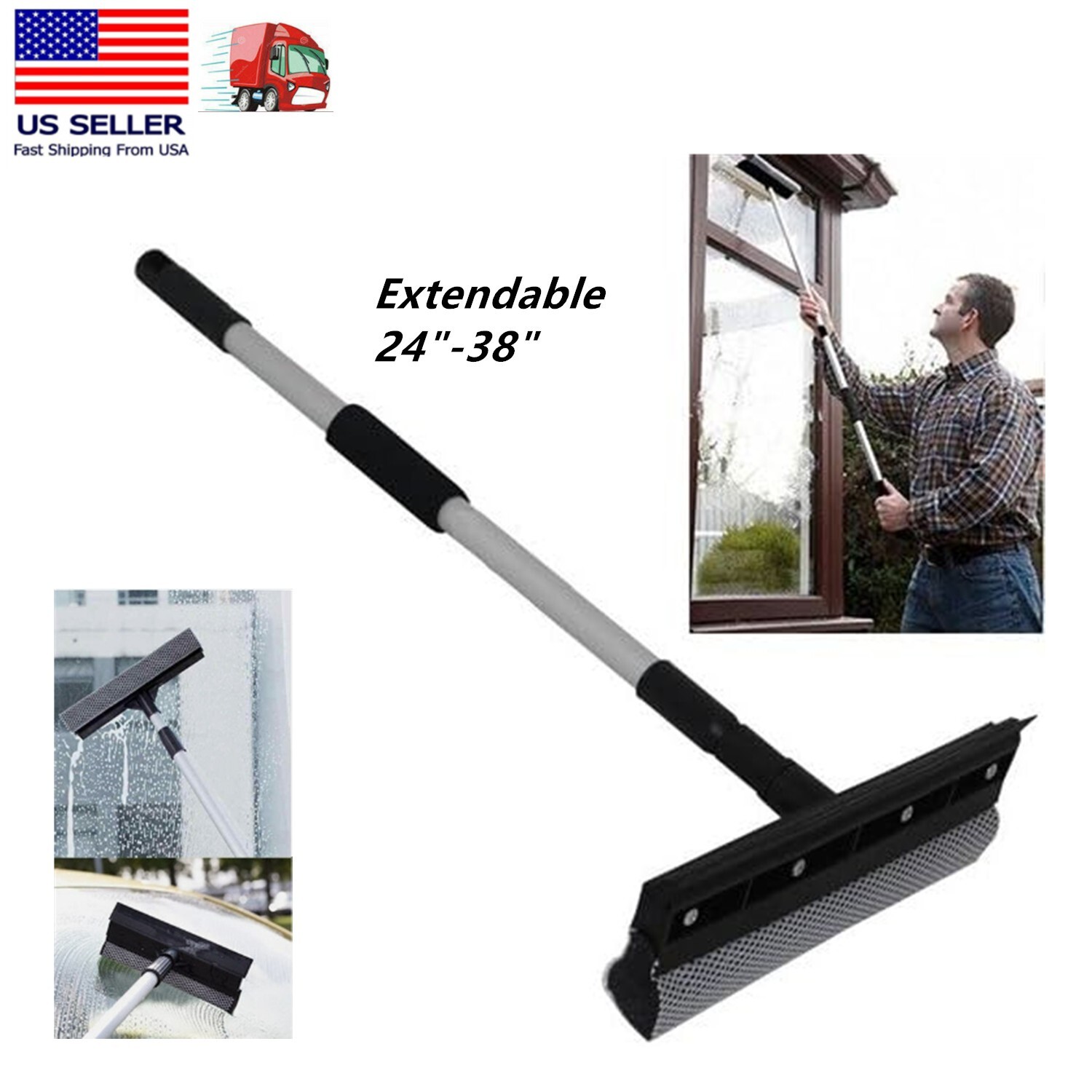 38" Extendable Window Squeegee Cleaner Long Handle Car Cleaning Window Glass gallery
