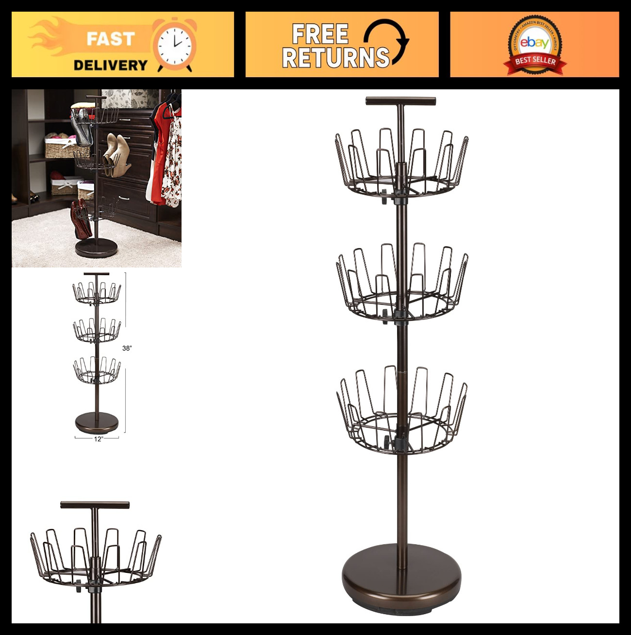 Three-Tier Adjustable Revolving Shoe Rack - Space-Saving Storage Organizer, Bron gallery