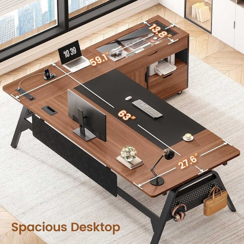 L Shaped Computer Desk with Mobile File Cabinet Executive Desk w/Storage Drawers gallery
