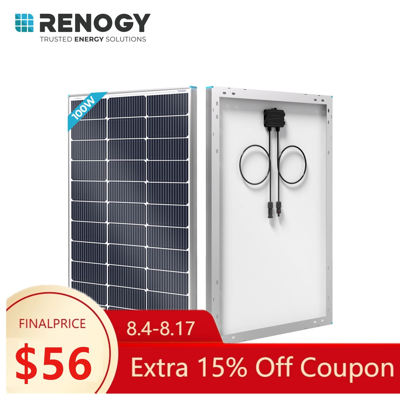 Renogy 16BB N-Type 100 Watt Solar Panel PV Off-Grid Power Module High Efficiency gallery