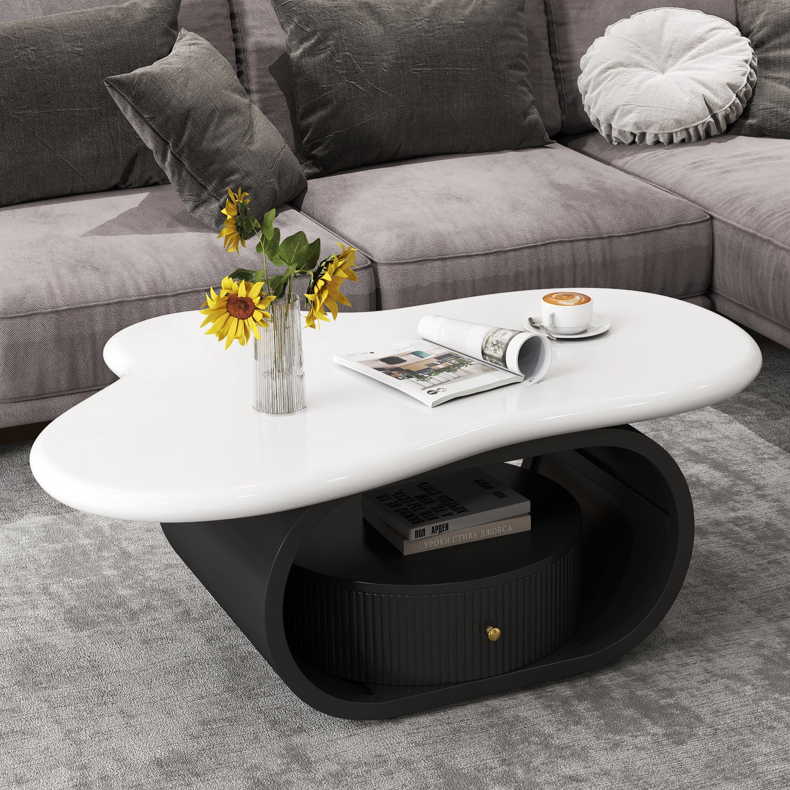 39" Irregular Cloud Coffee Table MDF Metal Center Table with Drawer Home Office gallery