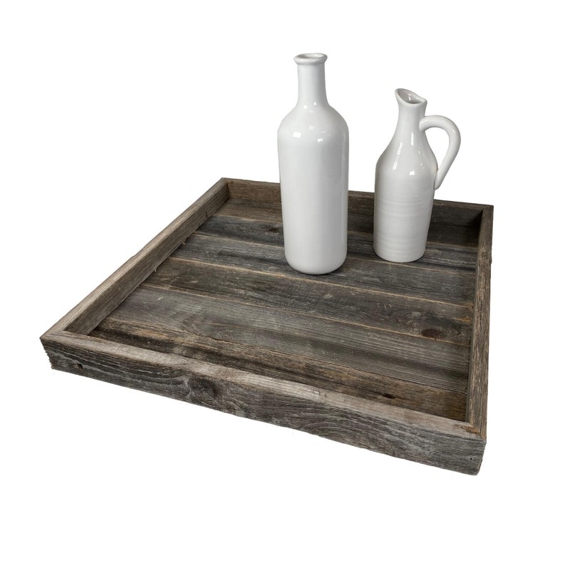 Rustic Farmhouse Decorative Reclaimed Wooden Ottoman Organizing Serving Tray gallery