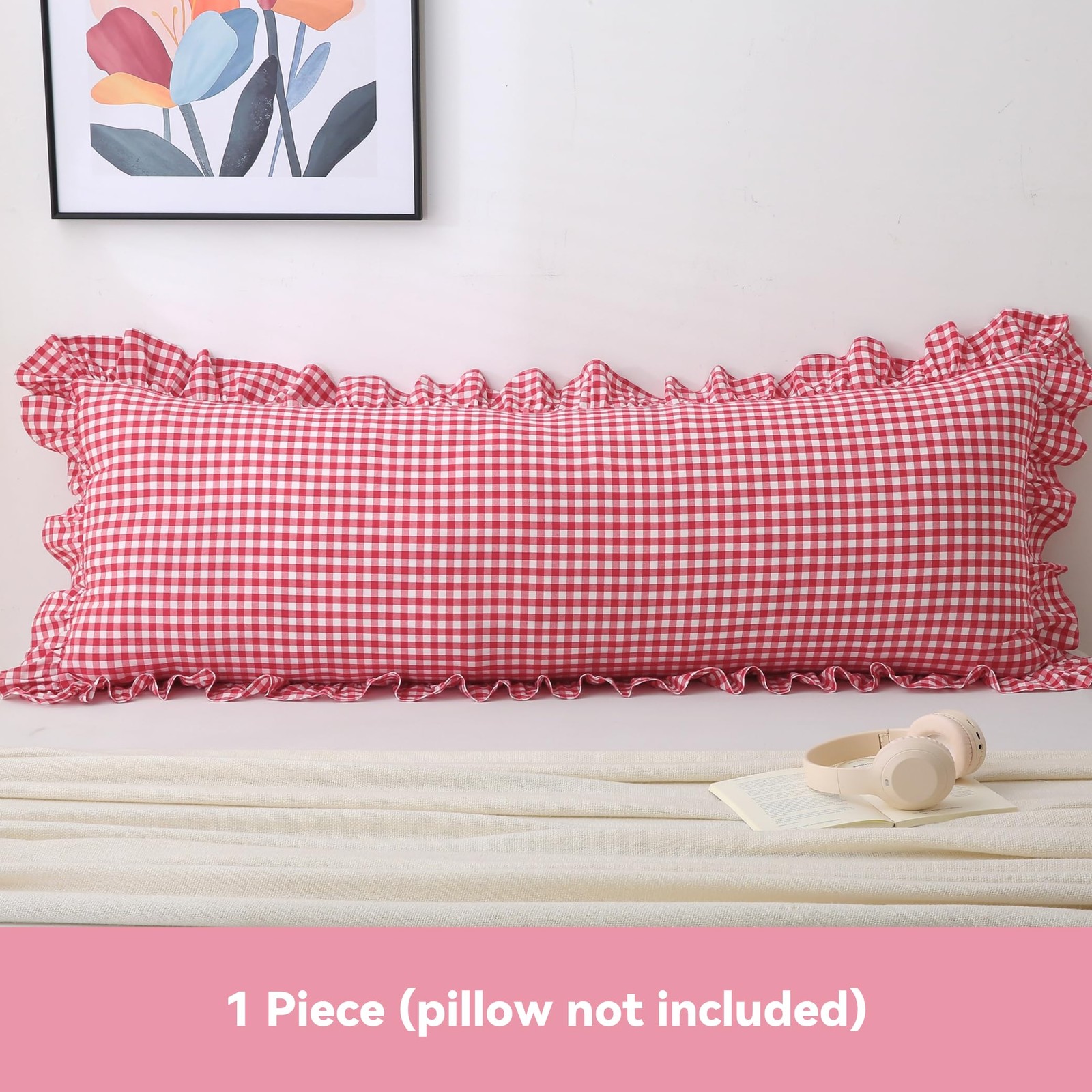 20x54 Inch Red/White Gingham Ruffled Body Pillow Cover, 1 Pack gallery