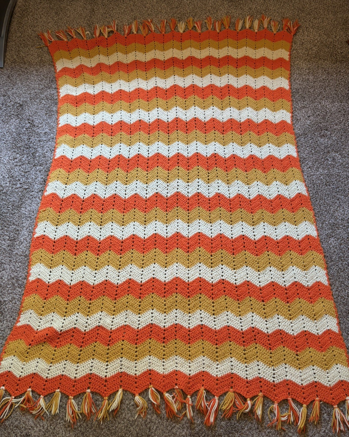 VTG 1970s Handmade Crochet Afghan Blanket Chevron Ripple Orange/Yellow Fringe L gallery