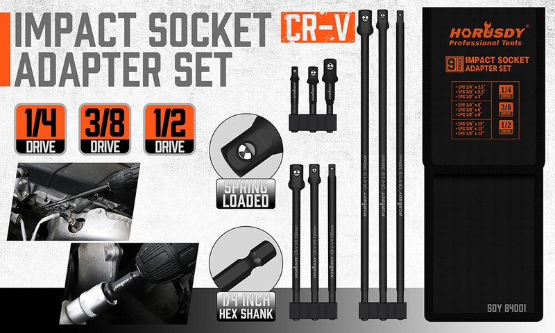 9PC Impact Grade Power Drill Sockets Adapter Set 1/4 3/8 1/2 Extension Bar Long gallery