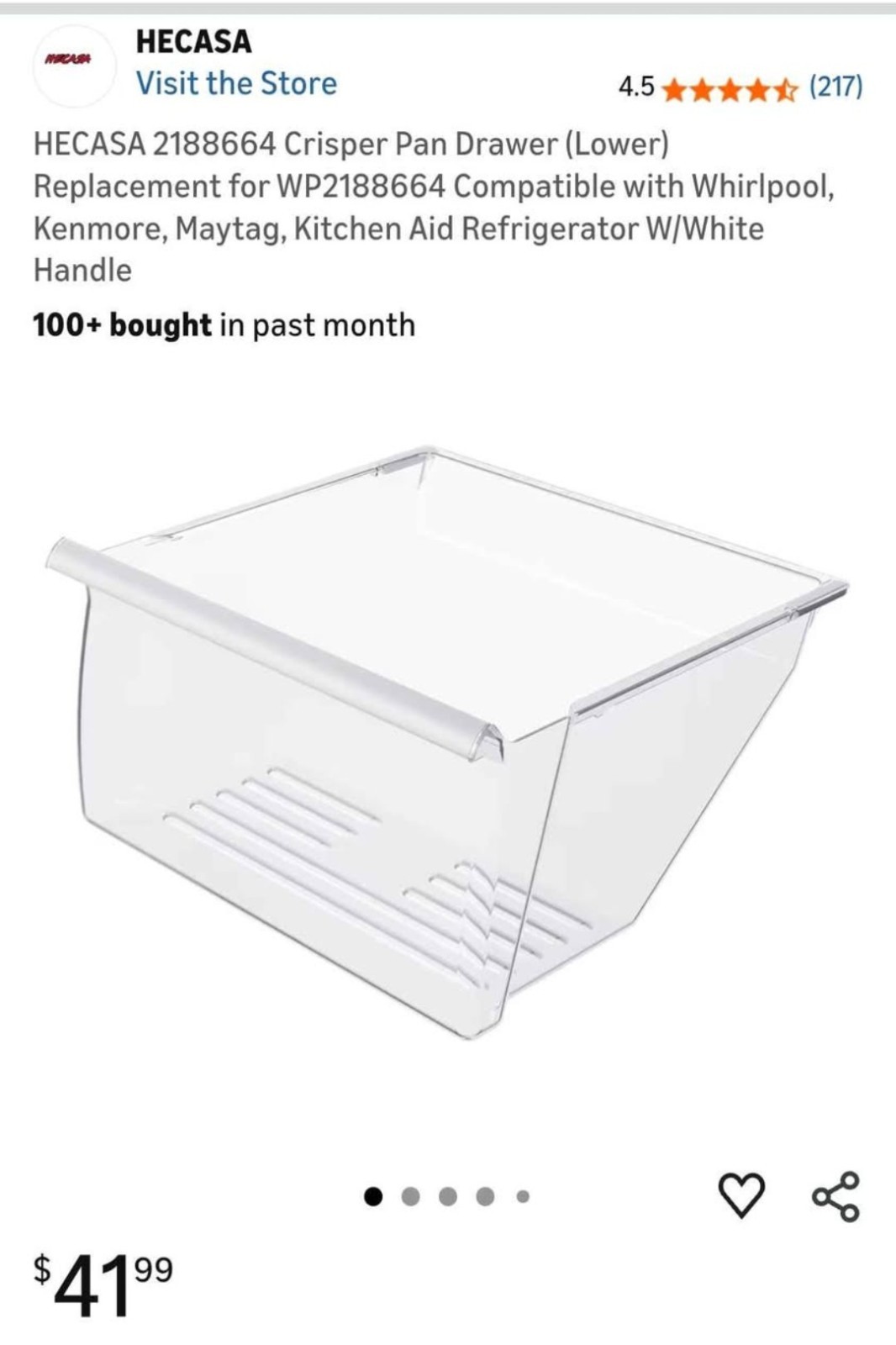 HECASA WP2188664 2188664 Lower Refrigerator Crisper Drawer Clear/White Plastic gallery