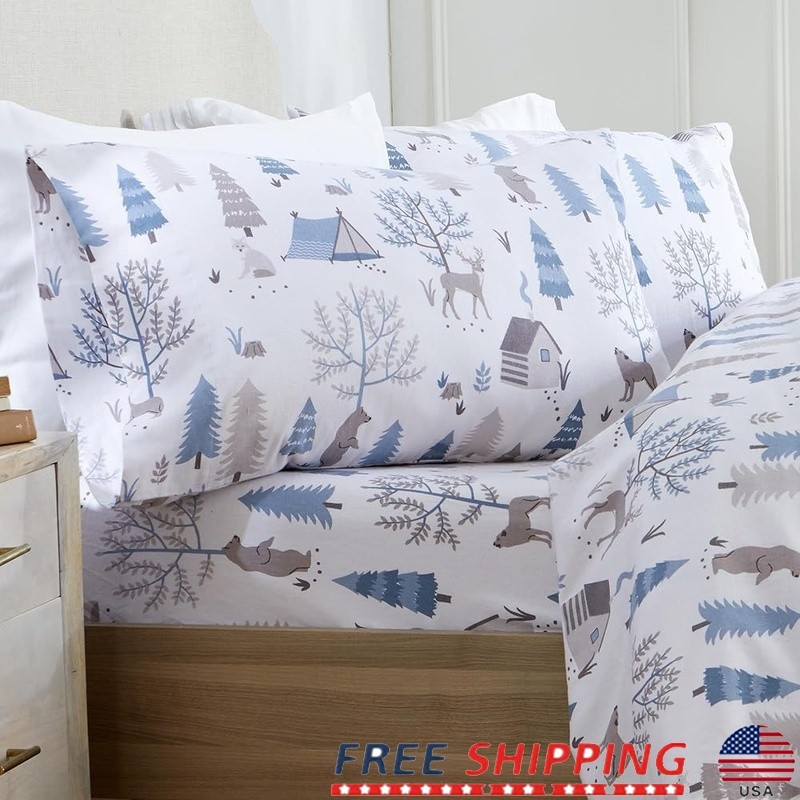 Premium Flannel King Size Fitted Sheet Set Woodland Animal Print Cozy Bedding US gallery