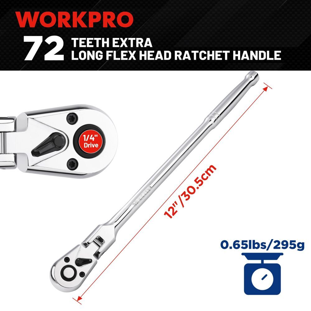 WORKPRO 1/4 inch Drive Extra Long Flex Head Ratchet 12 Inch Long CR-V Steel New gallery