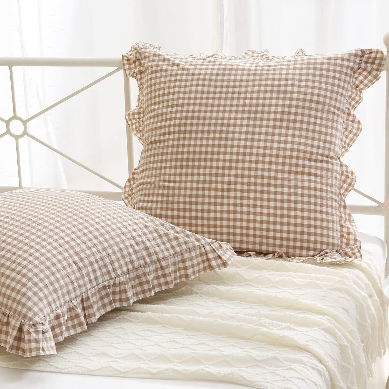 2 Pack Taupe White Gingham Ruffle Euro Pillow Shams 26''X26'' | 100% Washed Cott gallery