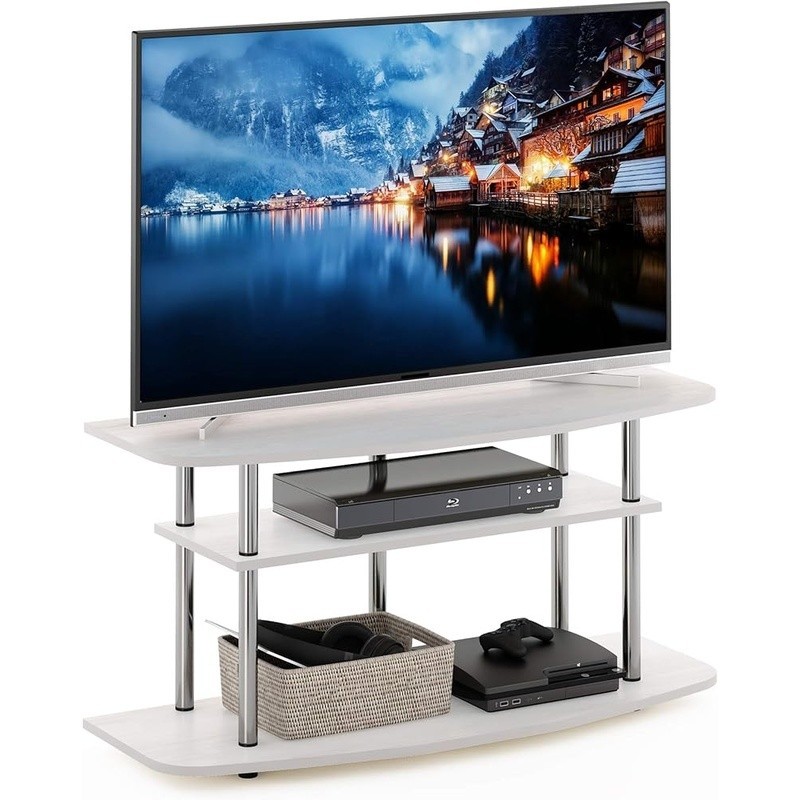 Durable 3-Tier TV Stand 43 in TVs Engineered Wood Metal Tubes Home Decor White gallery