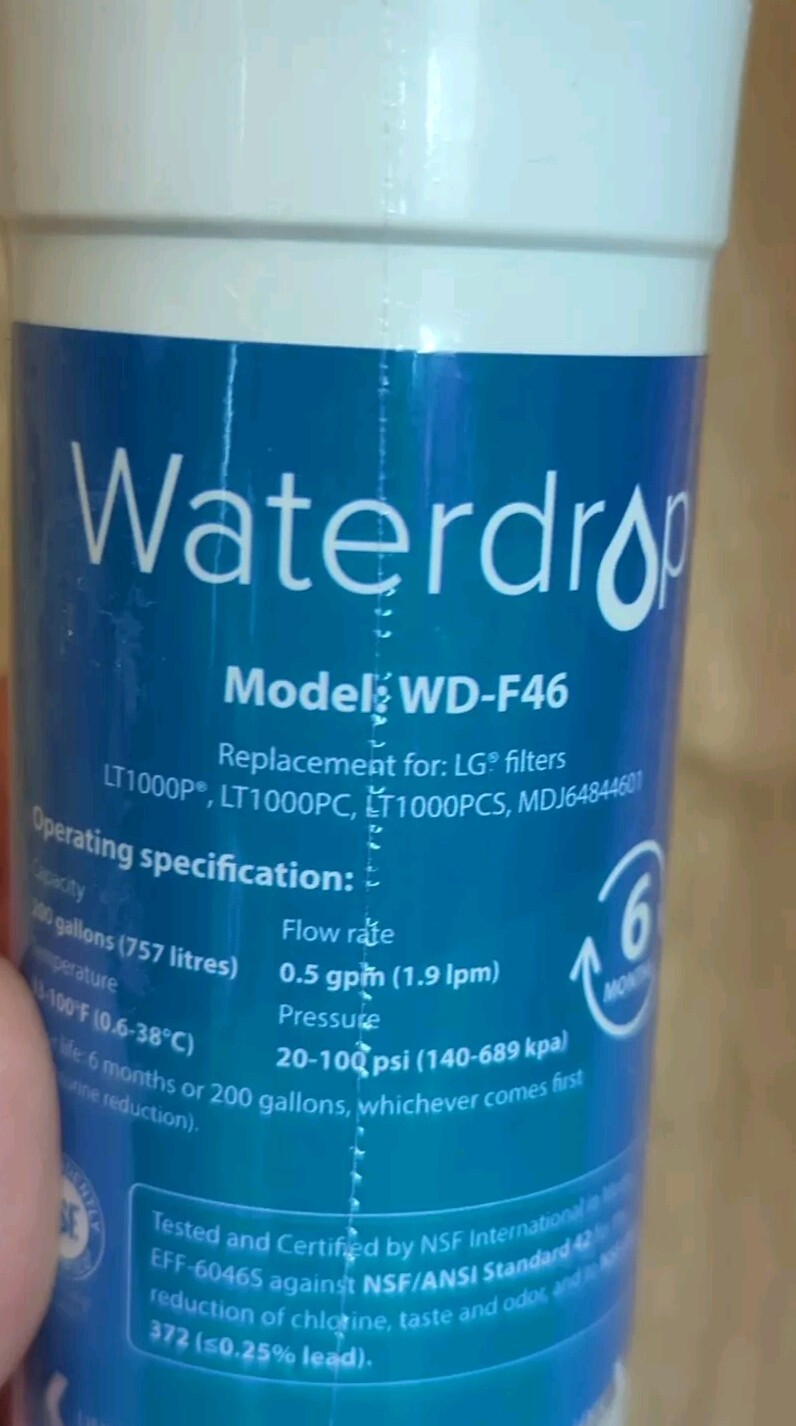 Waterdrop Model WD-F46 Refrigerator Water Filter Replacement New No Box Sealed gallery