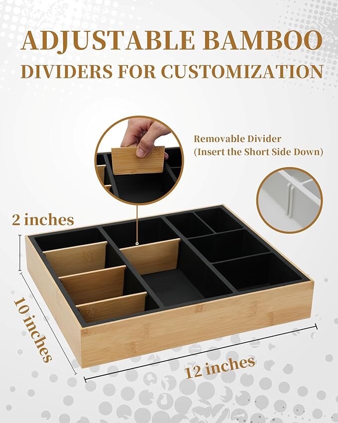 Bamboo Desk Drawer Organizer, 10 Adjustable Compartments + 4 Removable Dividers gallery