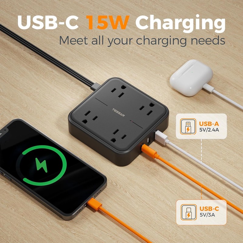 Surge Protector Flat Plug Power Strip 5FT with 4 Outlets 3 USB Ports (1 USB C) gallery