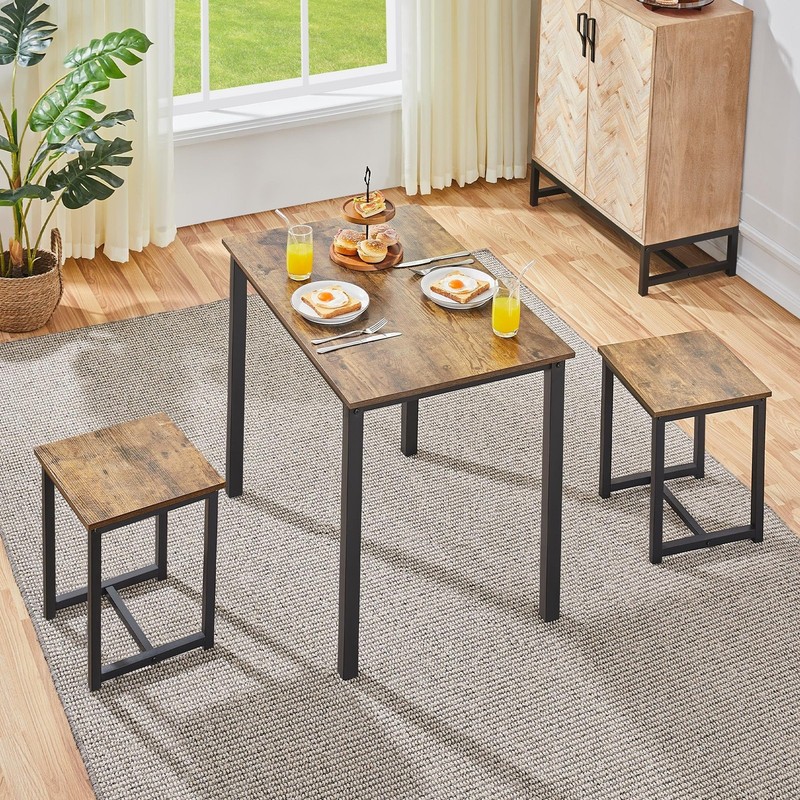 3 Pcs Dining Table Set - Kitchen Table & Chair Sets for 2 - Compact Table, Brown gallery