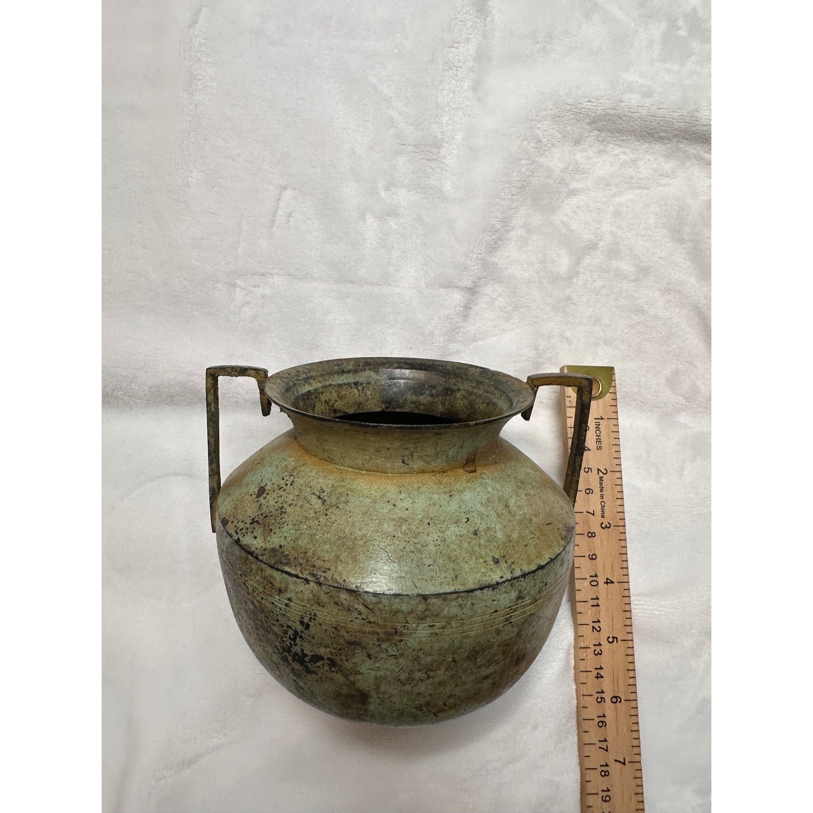 Vintage Verdigris Brass Vessel Rustic Patina Handle Pot Planter 7 Inch gallery